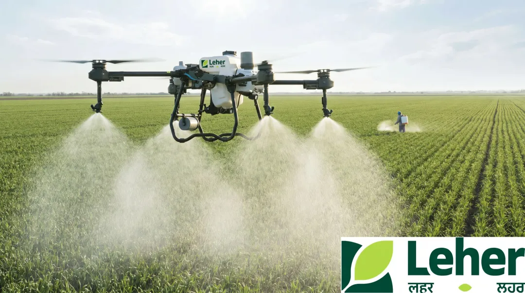 Leher drone spraying crops with GPS-guided uniform foliar fertilizer coverage