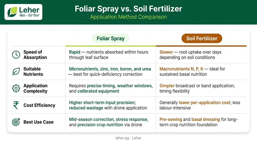 Foliar spray versus soil fertilizer five-dimension comparison infographic
