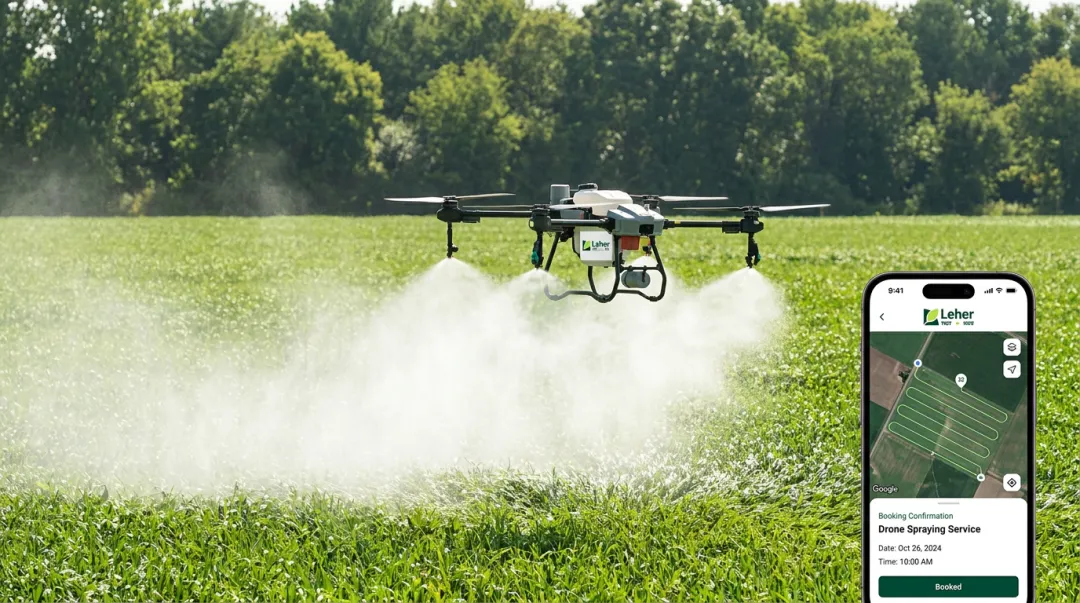 Leher agricultural drone spraying crops over farm field with GPS precision