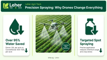 Drone spraying efficiency infographic showing water and chemical savings benefits