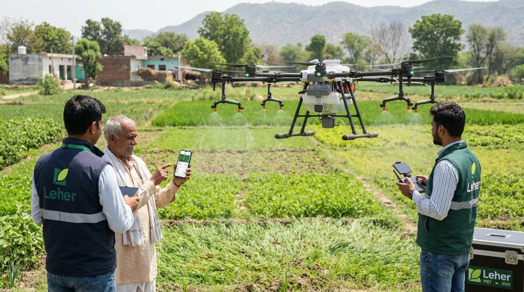 Leher drone spraying service farmer booking app-based session on smallholder farm