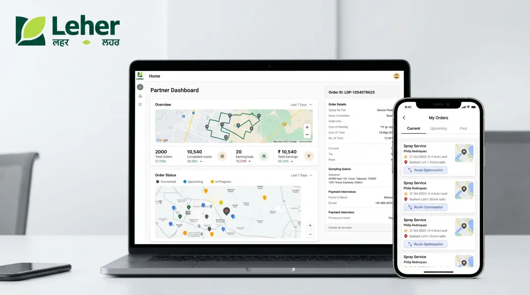 Leher Drone Partner App interface showing order management and route optimisation features