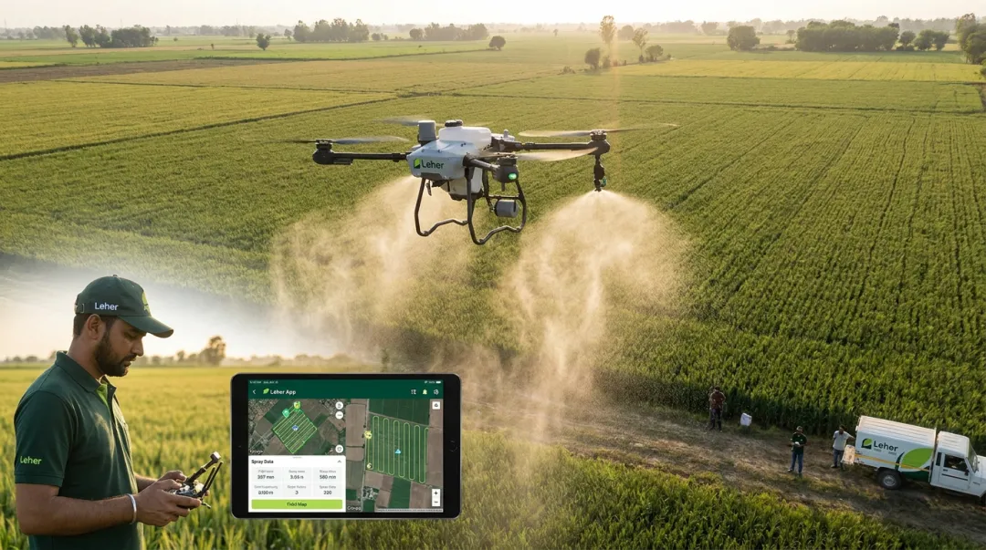 Leher drone precision spraying service covering paddy crop field in India