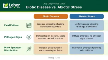 Three visual cues distinguishing crop biotic disease from abiotic stress infographic