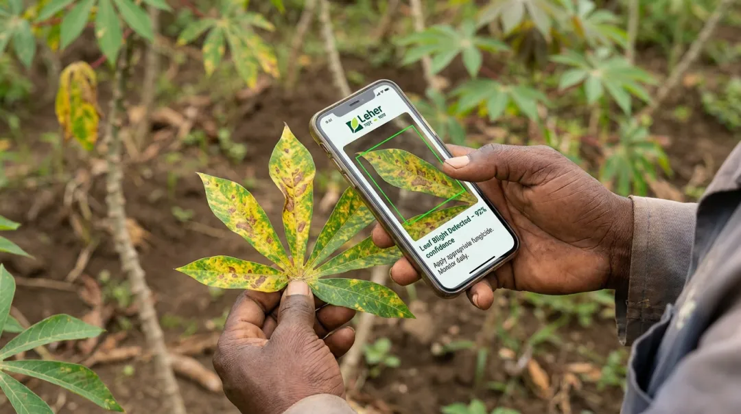 AI-powered smartphone app analyzing crop leaf disease symptoms in field