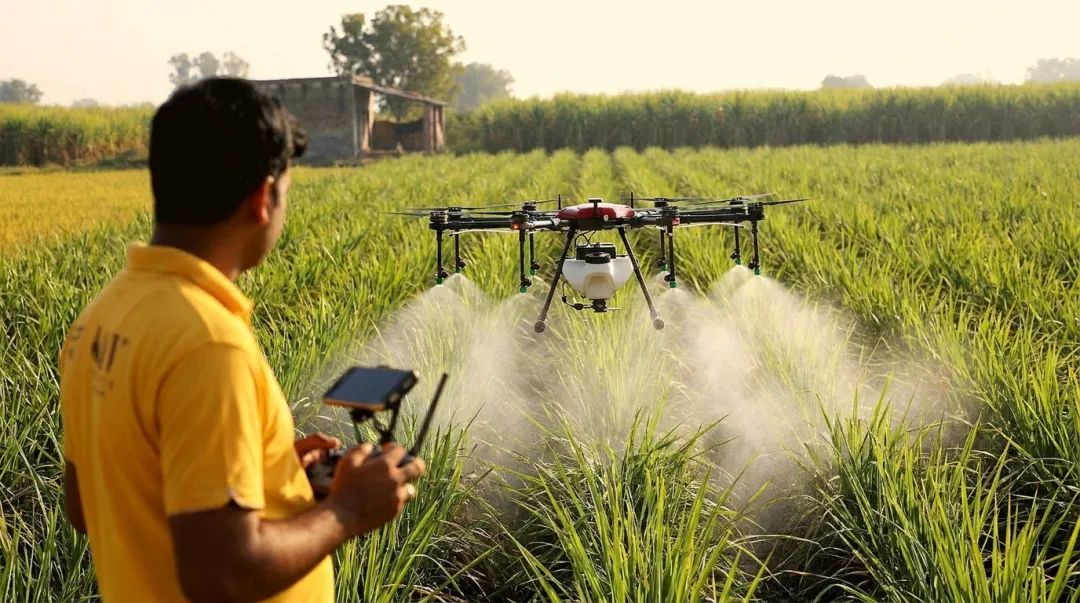 Agricultural drone spraying crops over Indian farm field with operator standing nearby