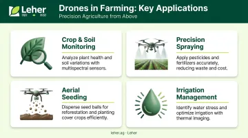 Four key applications of agricultural drones in modern Indian farming infographic