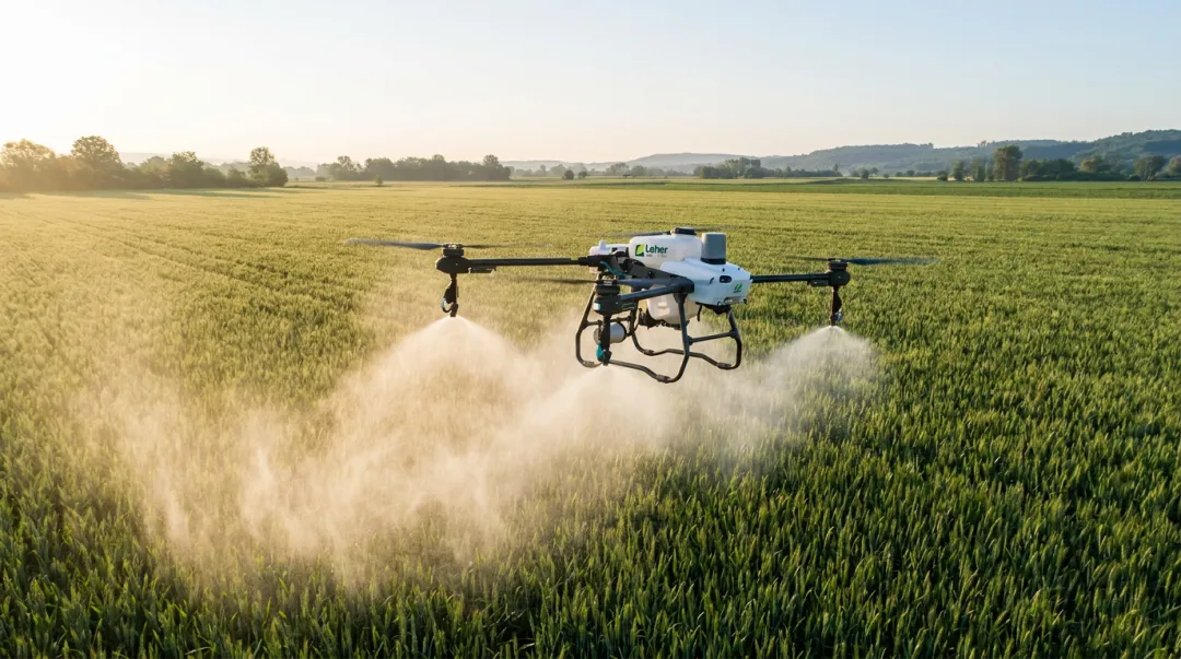 Leher agricultural drone performing uniform foliar spray over crop field