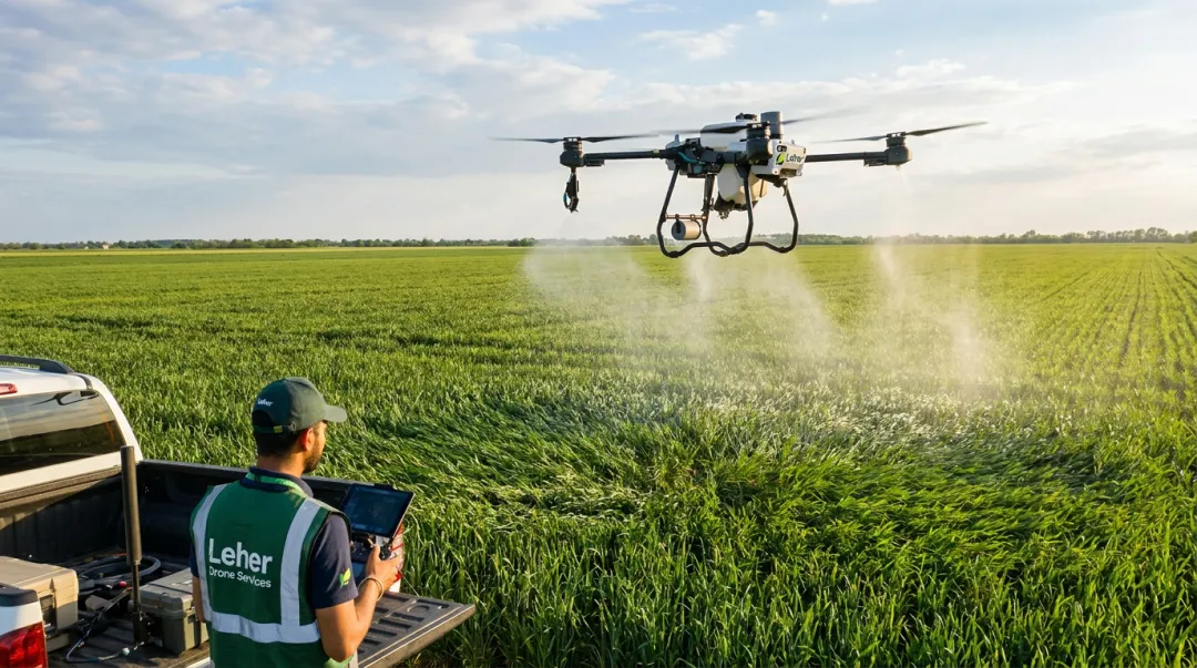 Leher agricultural drone spraying crops over large farm field in India