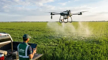 Leher agricultural drone spraying crops over large farm field in India
