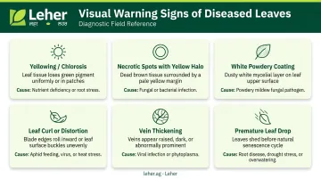 Visual crop leaf disease symptoms identification guide with six warning signs