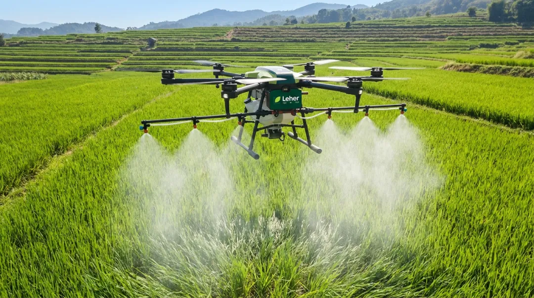 Leher agricultural drone spraying foliar fertilizer over green crop field