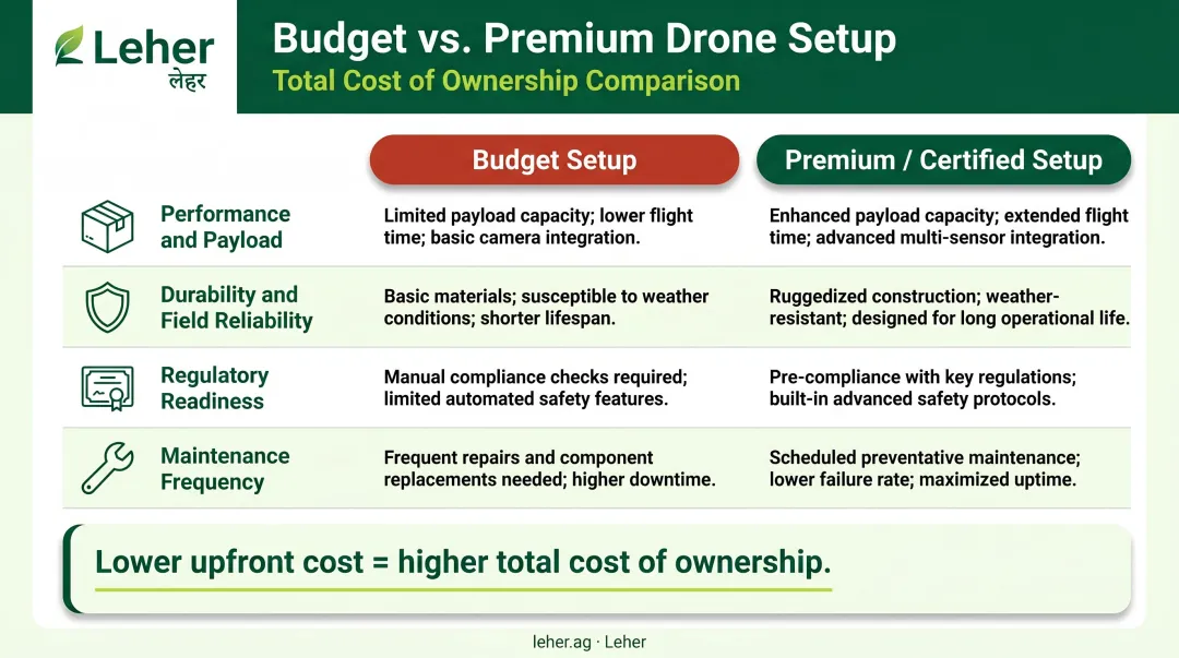 Budget versus premium drone setup comparison across four key business dimensions