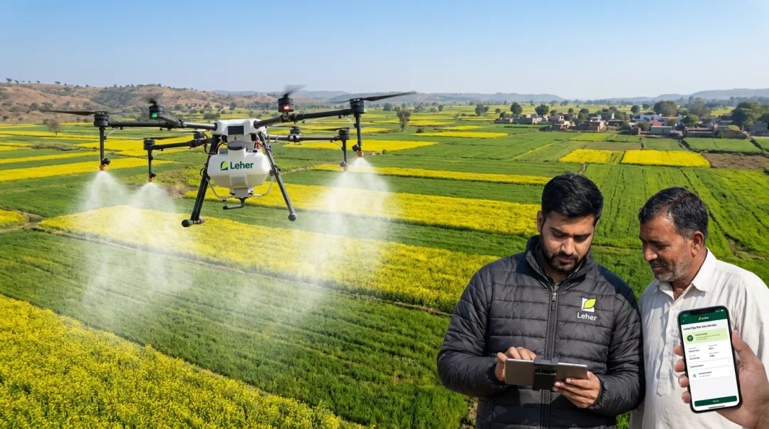Leher drone spraying service covering paddy fields with DGCA-certified pilot operating drone