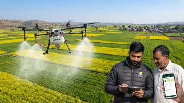 Leher drone spraying service covering paddy fields with DGCA-certified pilot operating drone