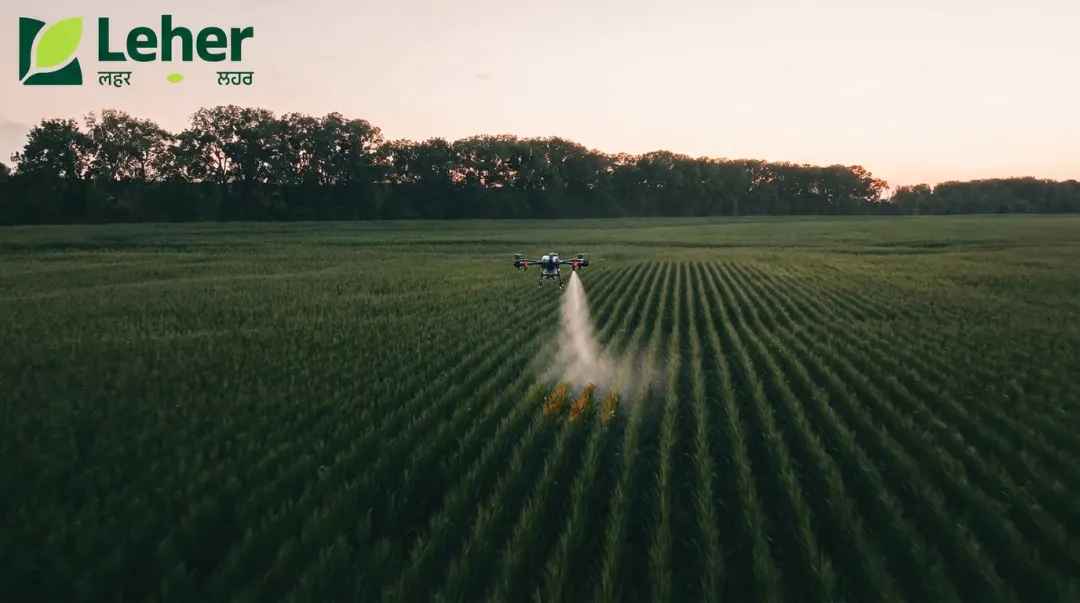 Agricultural drone precision spraying pesticide over crop field rows