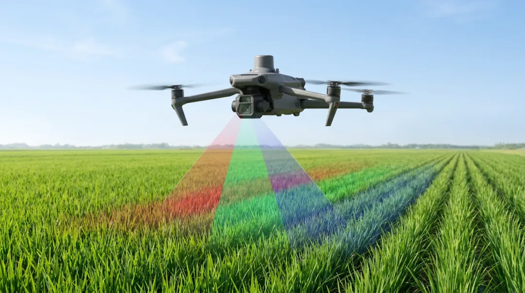 Agricultural drone capturing multispectral NDVI imagery over crop field
