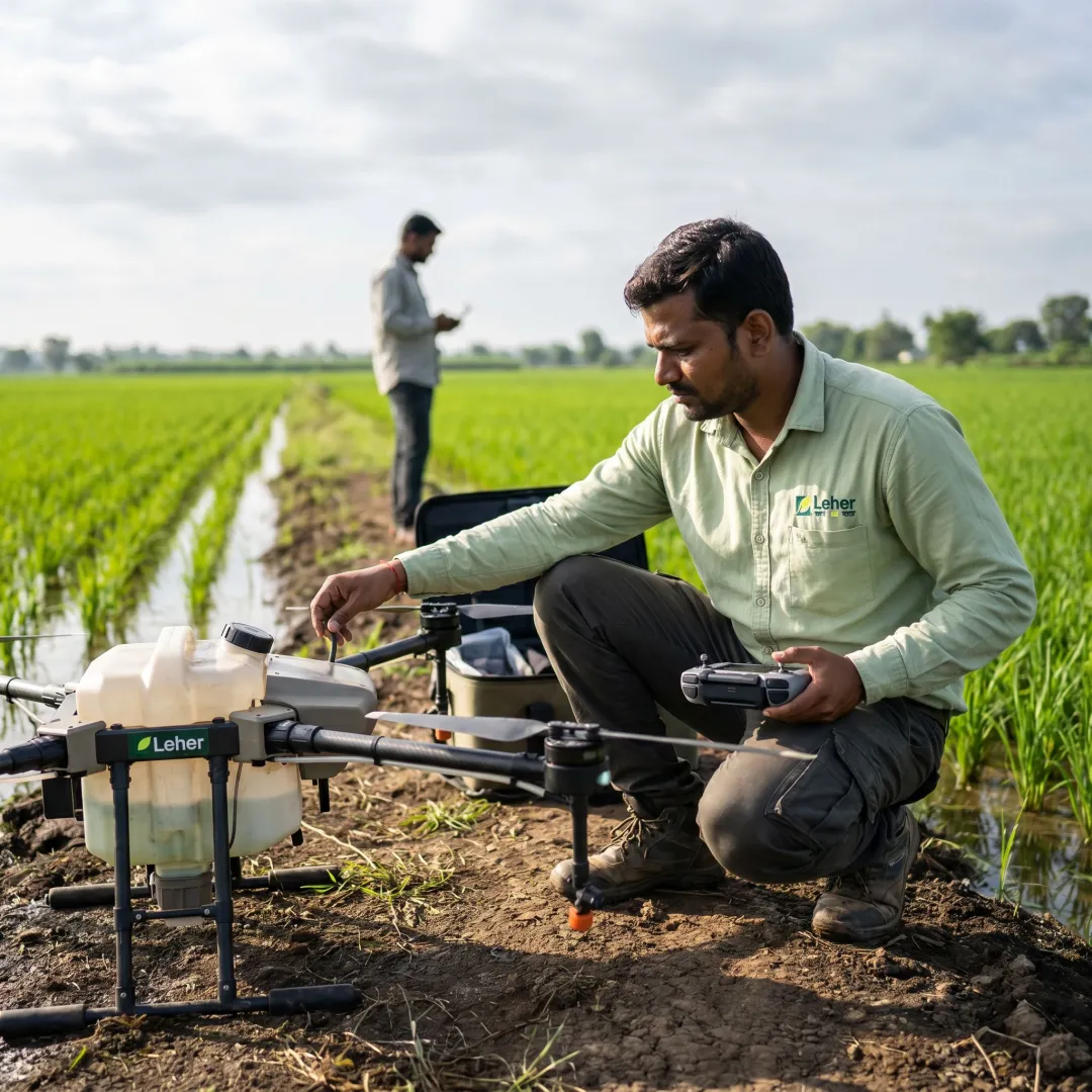 Drone pilot preparing paddy spraying
