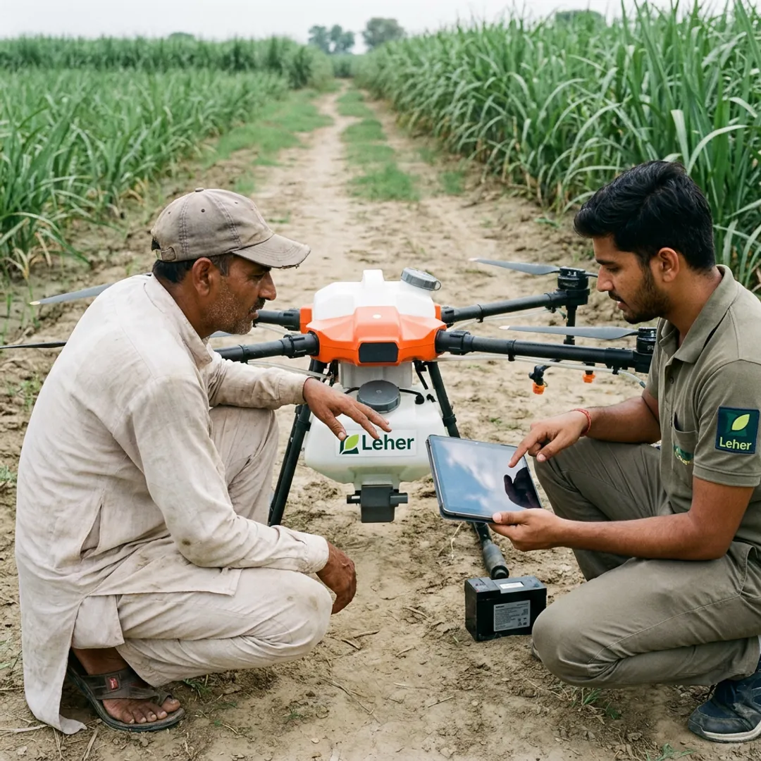 Farmer reviewing agriculture drone sprayer