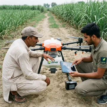 Farmer reviewing agriculture drone sprayer