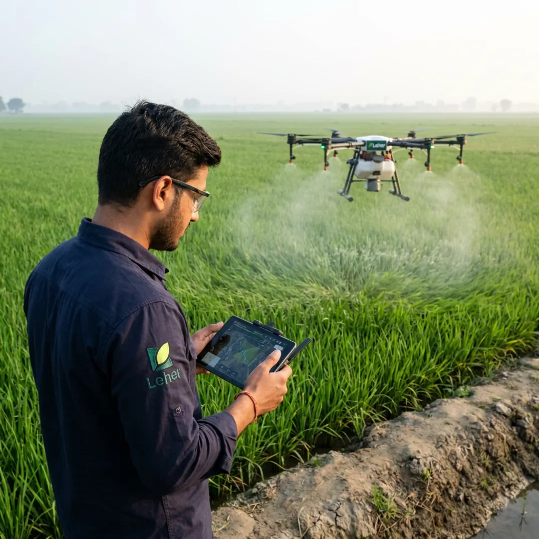 Drone pilot managing agricultural spraying drone in crop field