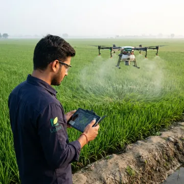 Drone pilot managing agricultural spraying drone in crop field
