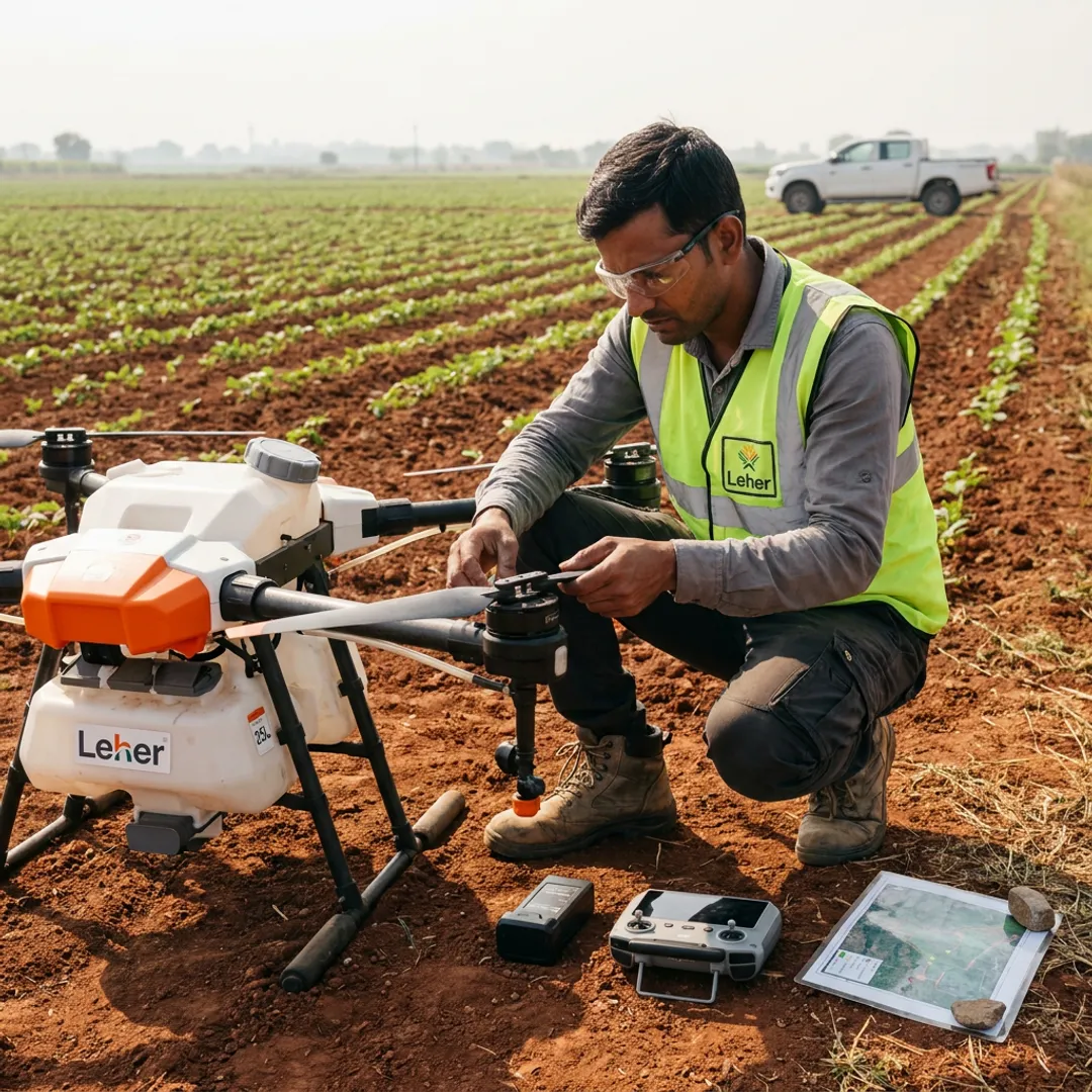 Drone specialist reviewing agriculture spraying drone setup