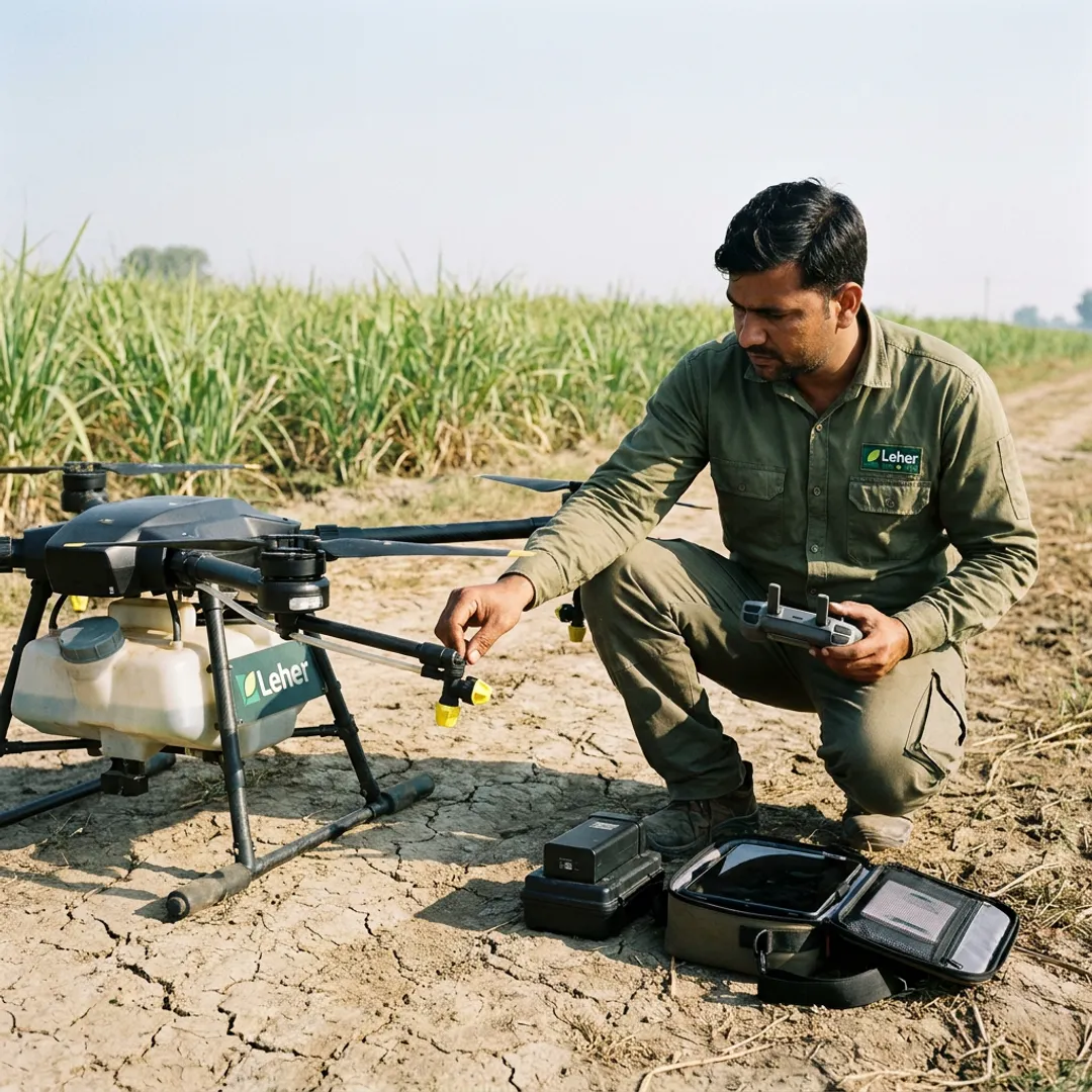 Drone operator reviewing agriculture spraying drone equipment