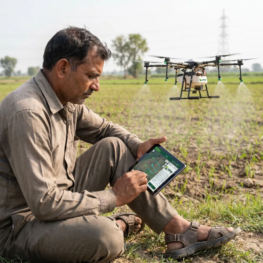 Agricultural drone spraying pesticide over crop rows
