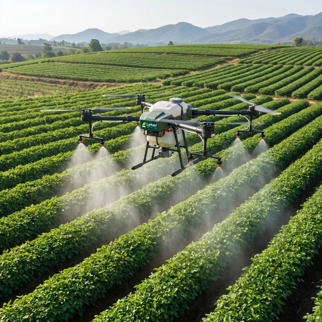 Drone spraying foliar fertilizer over crops