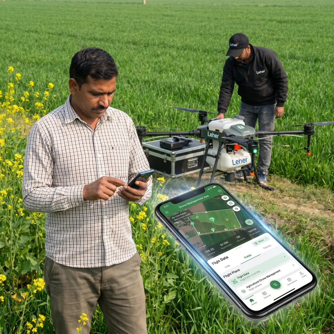 Farmer booking drone spraying on mobile app