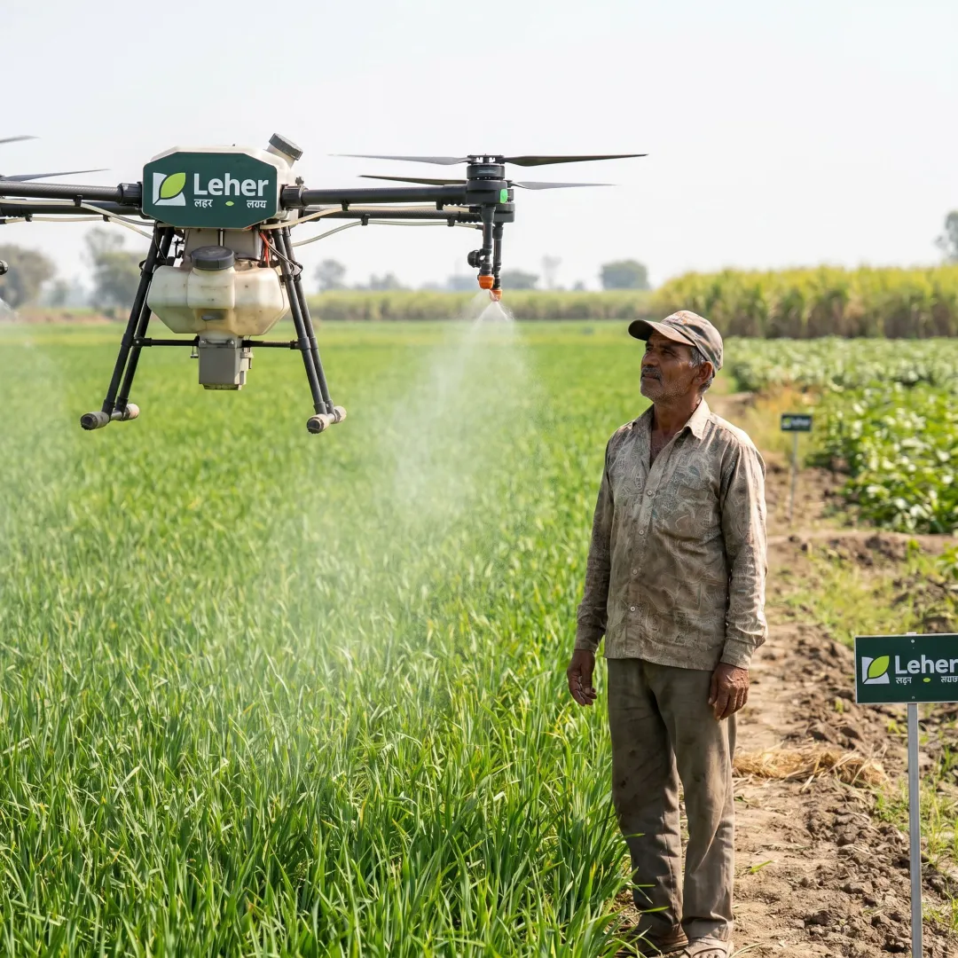 Drone spraying pesticide over an Indian crop field