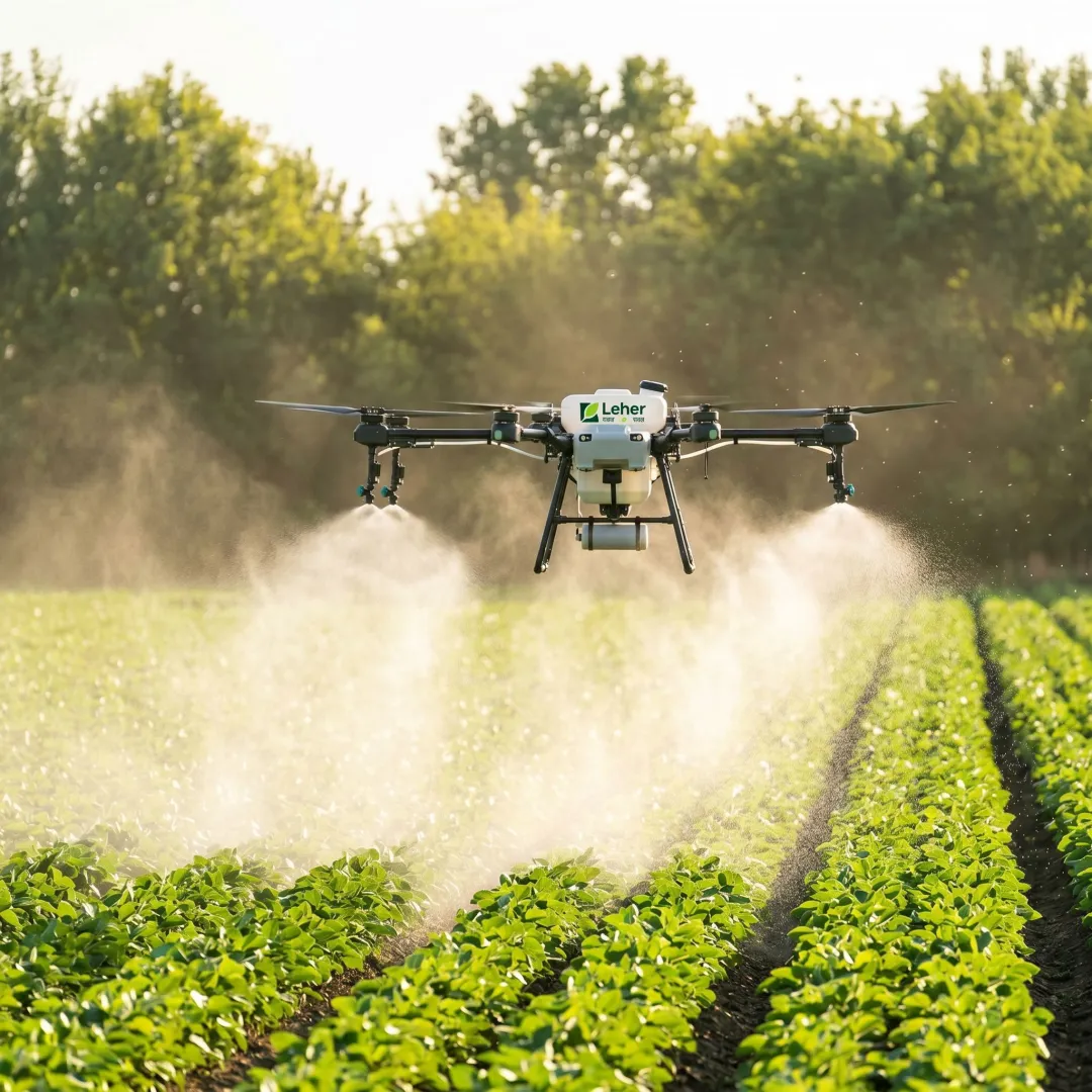 Agricultural drone applying foliar nutrients to crops