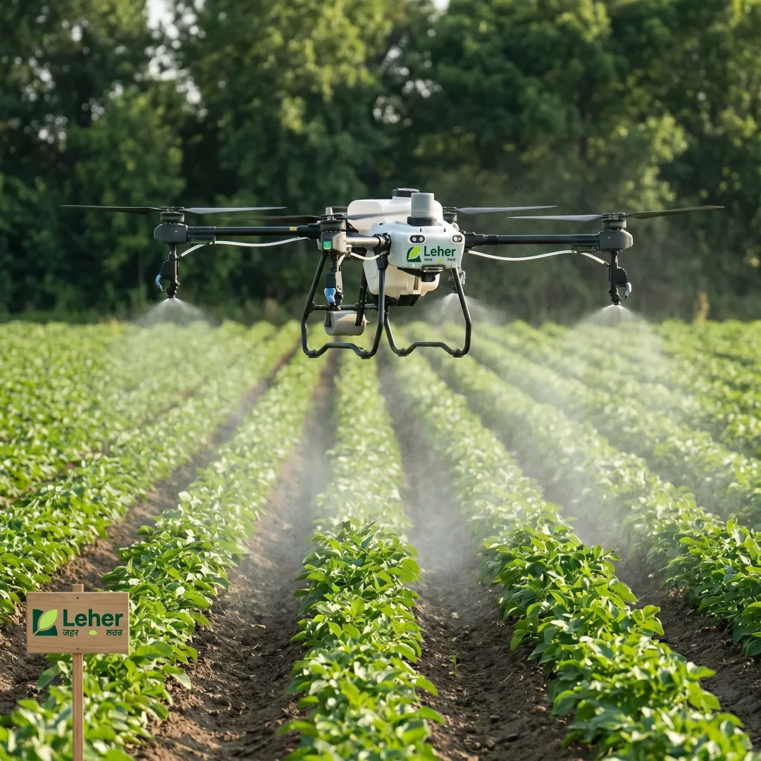 Drone applying foliar spray over green crops