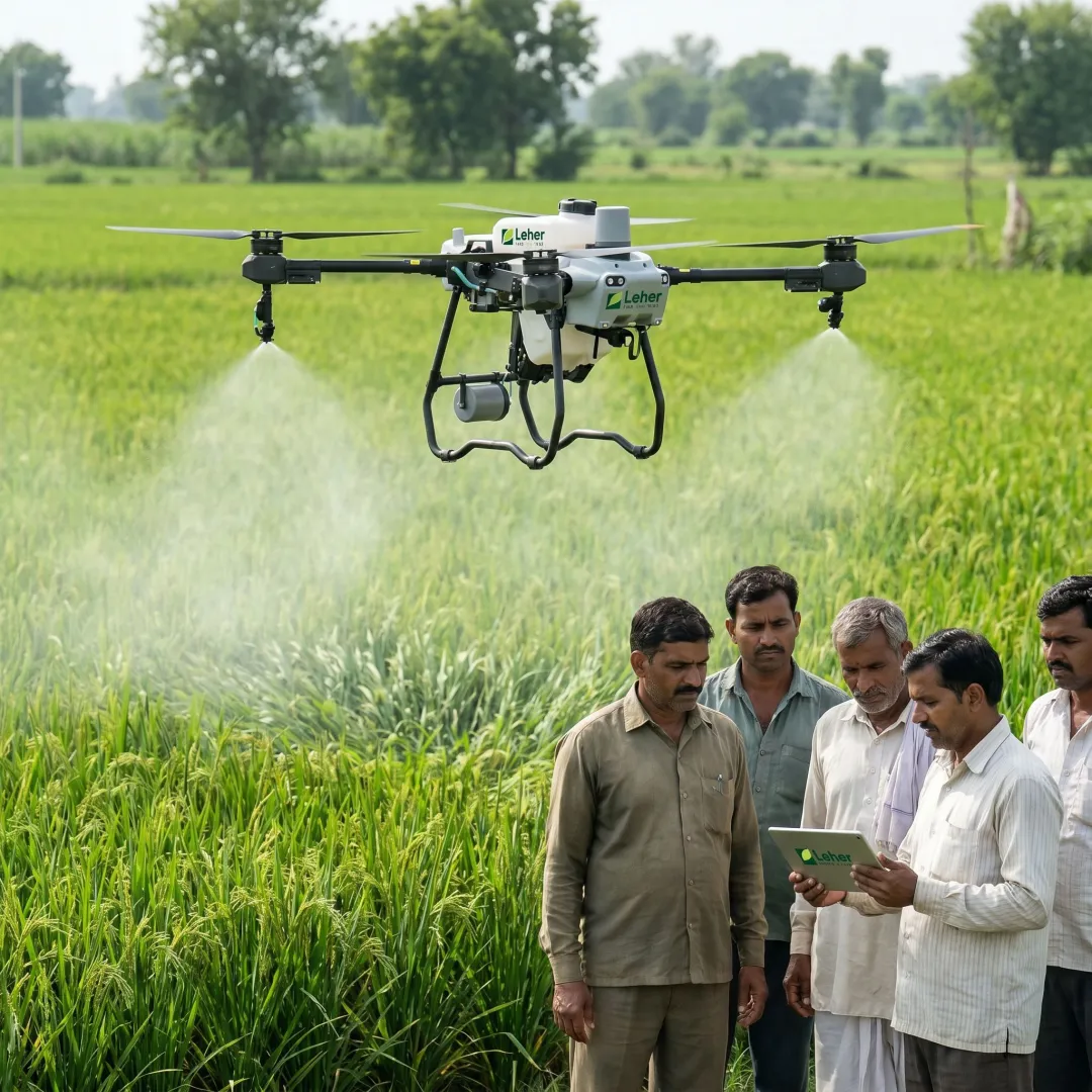 Agricultural drone spraying crops in India