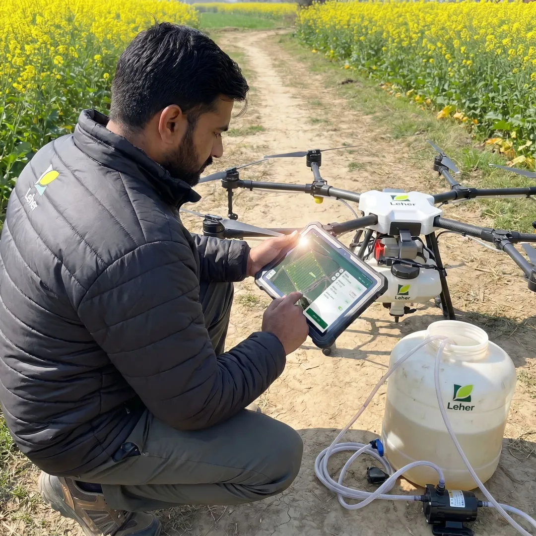 Drone pilot preparing foliar spray service in a farm