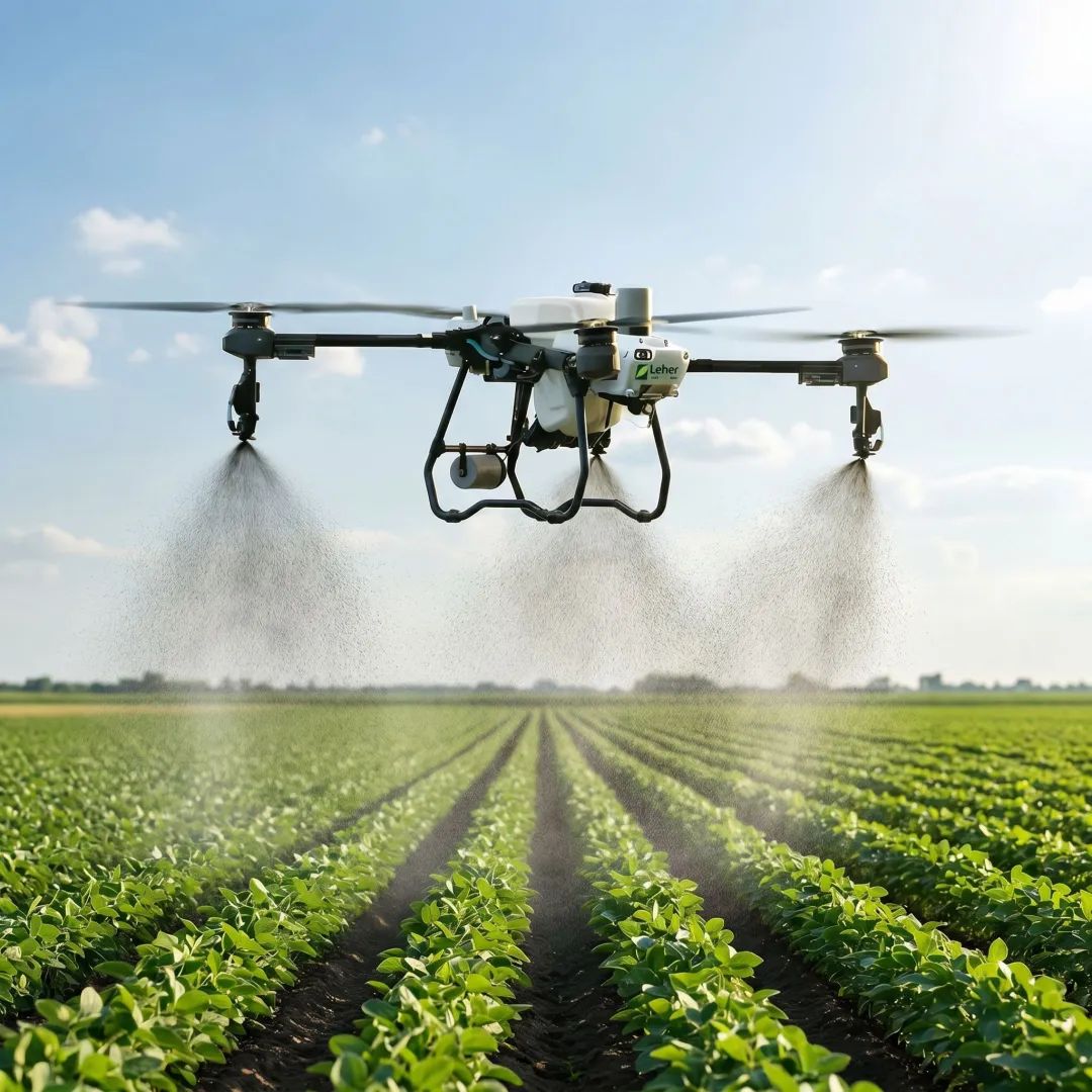 Drone applying humic acid foliar spray over crops