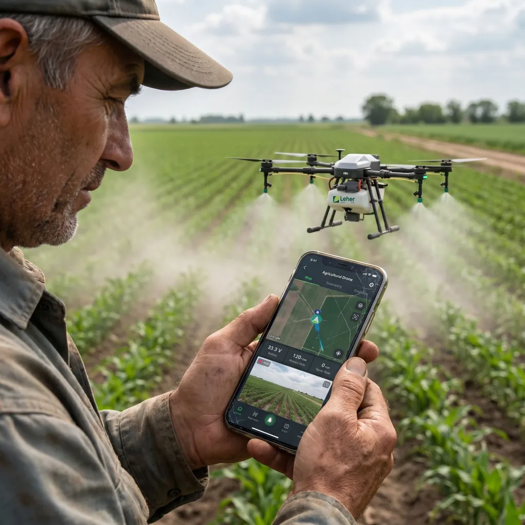 Drone spraying crops while farmer monitors app