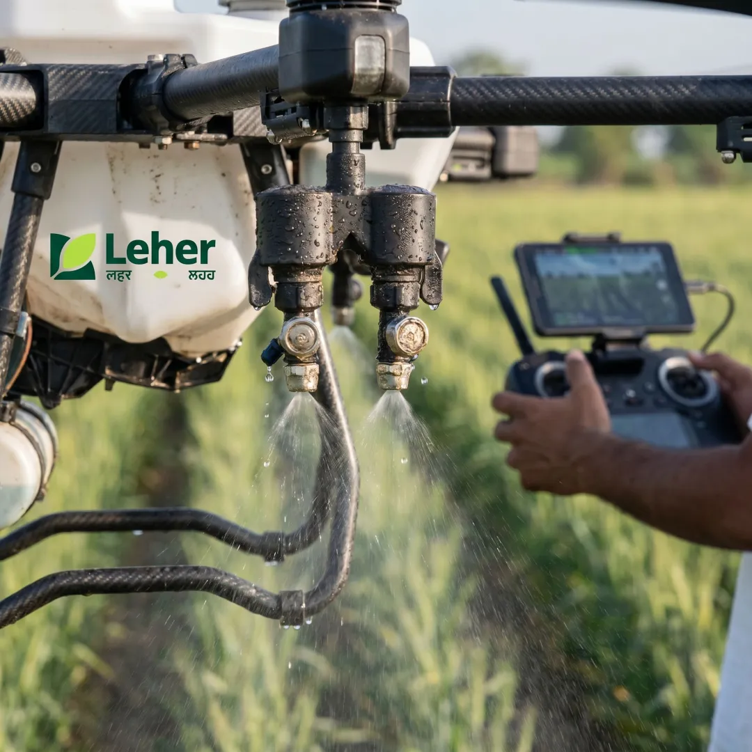 Drone spray system applying crop treatment