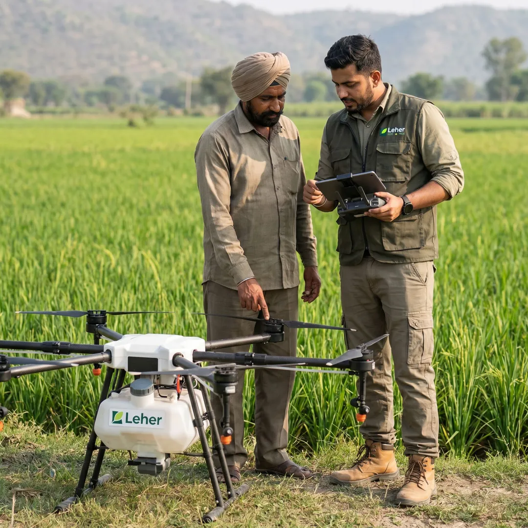 Farmer reviewing agriculture drone options