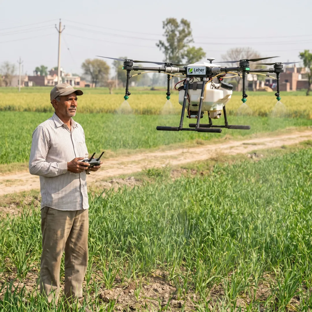 Agriculture drone spraying an Indian crop field