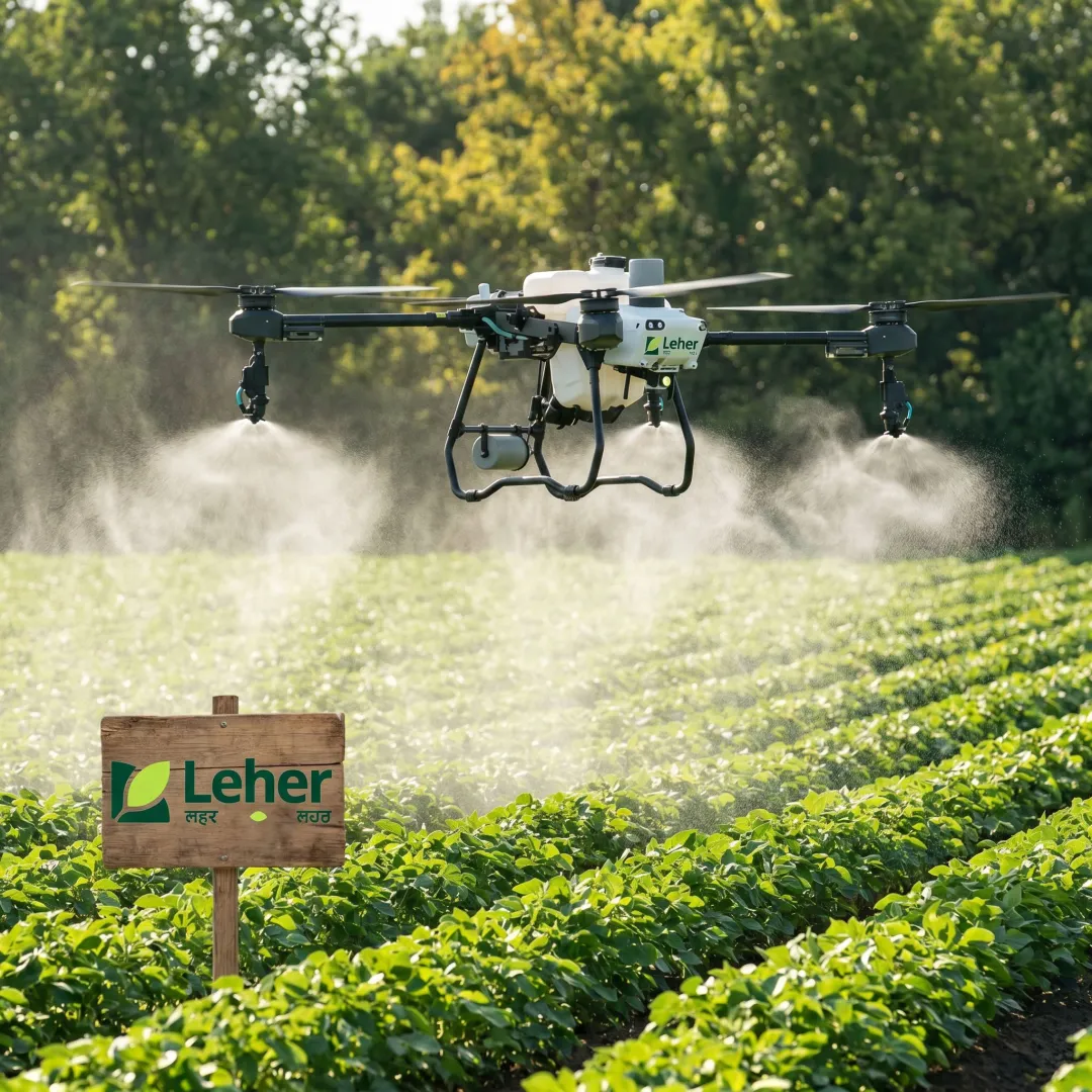 Agriculture drone spraying pesticide over crops
