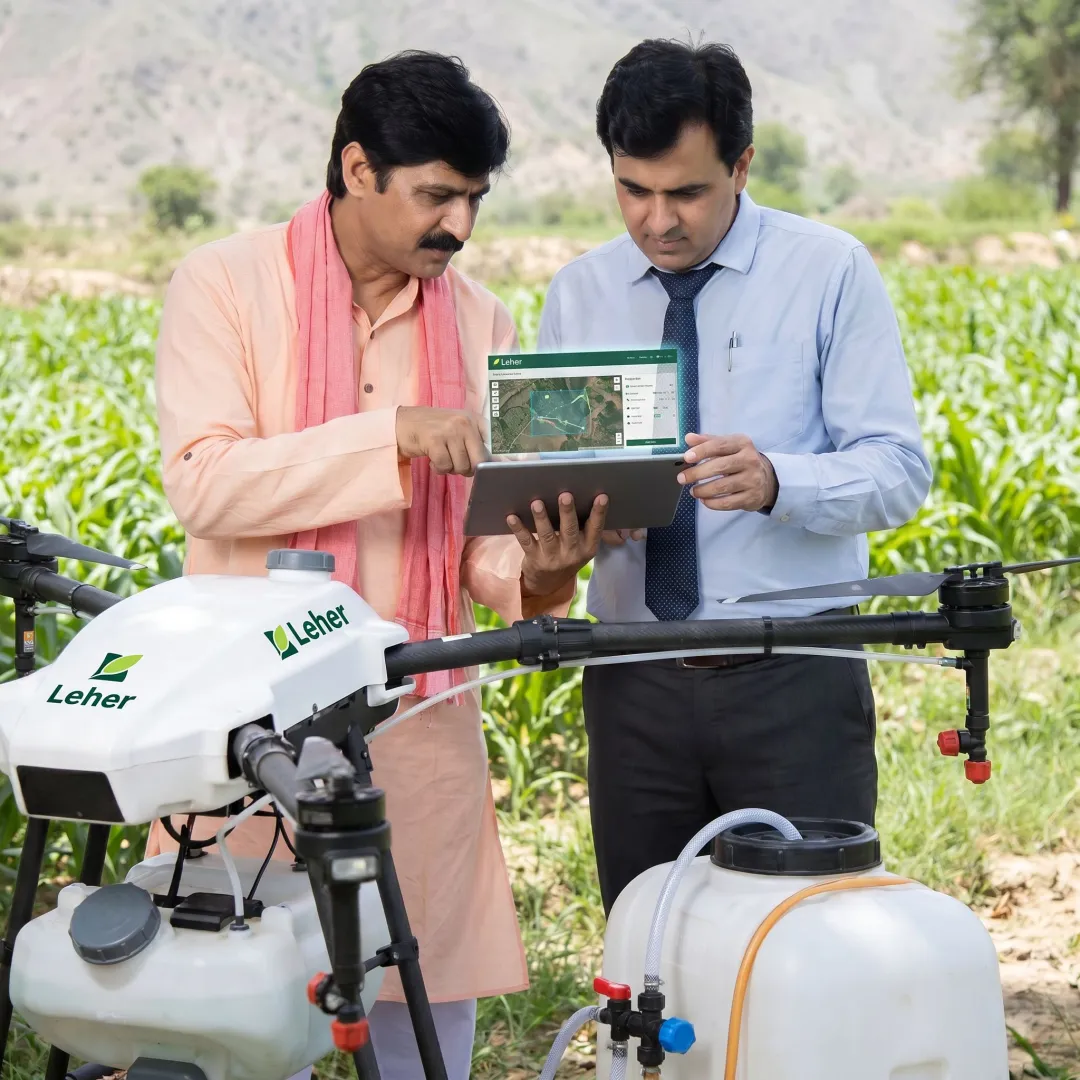 Farmer reviewing drone spraying features