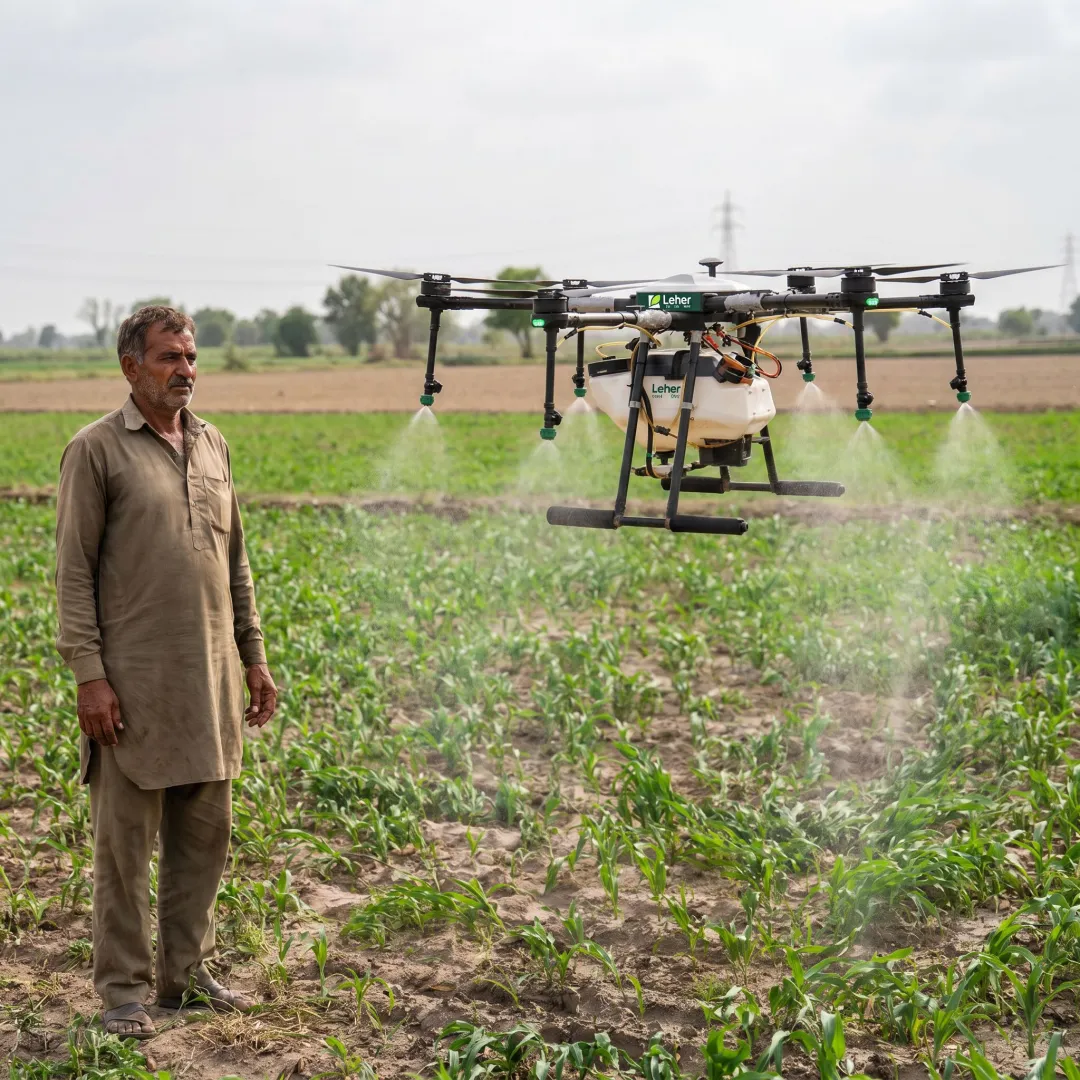 Agriculture spraying drone over crop field