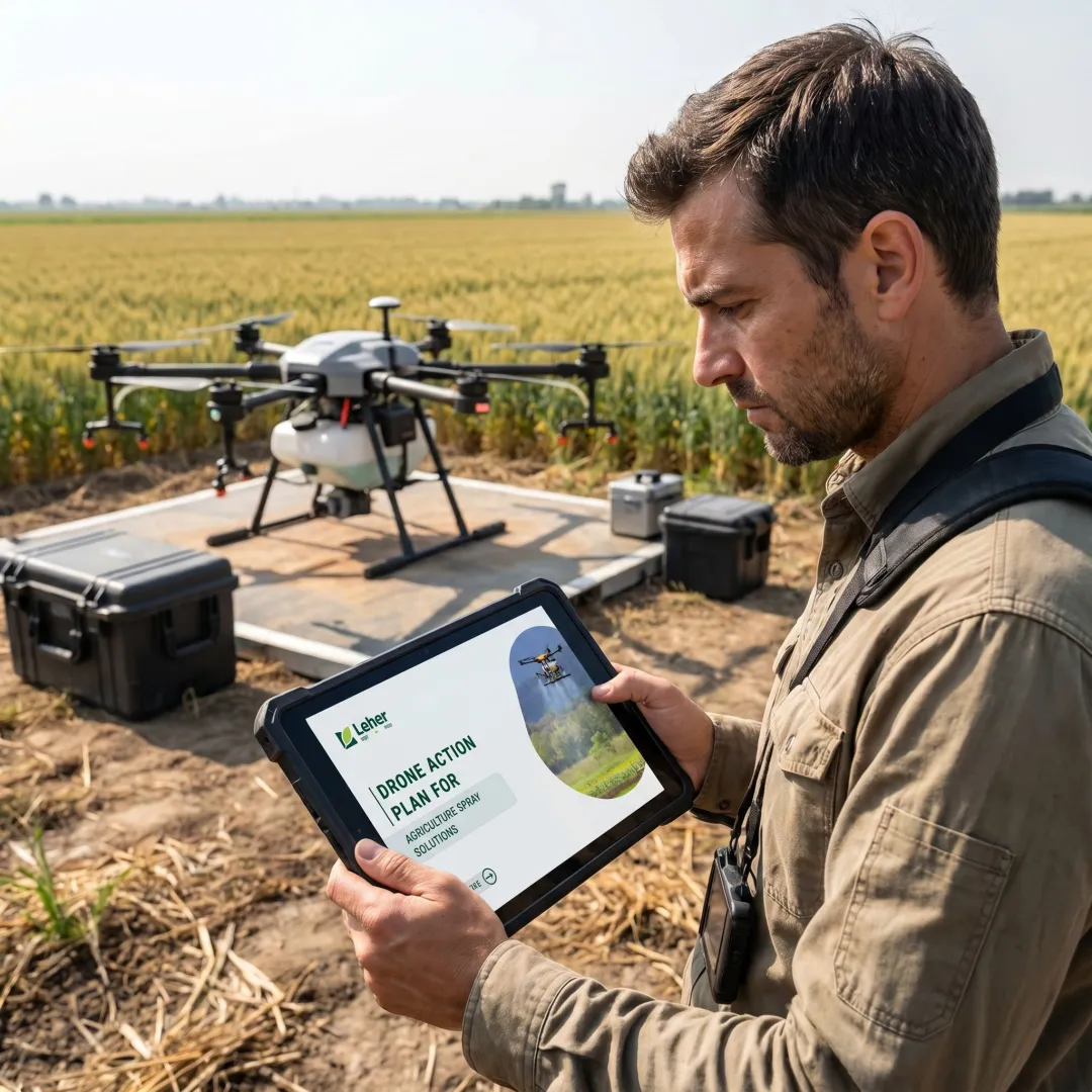 Drone partner reviewing spraying options on tablet