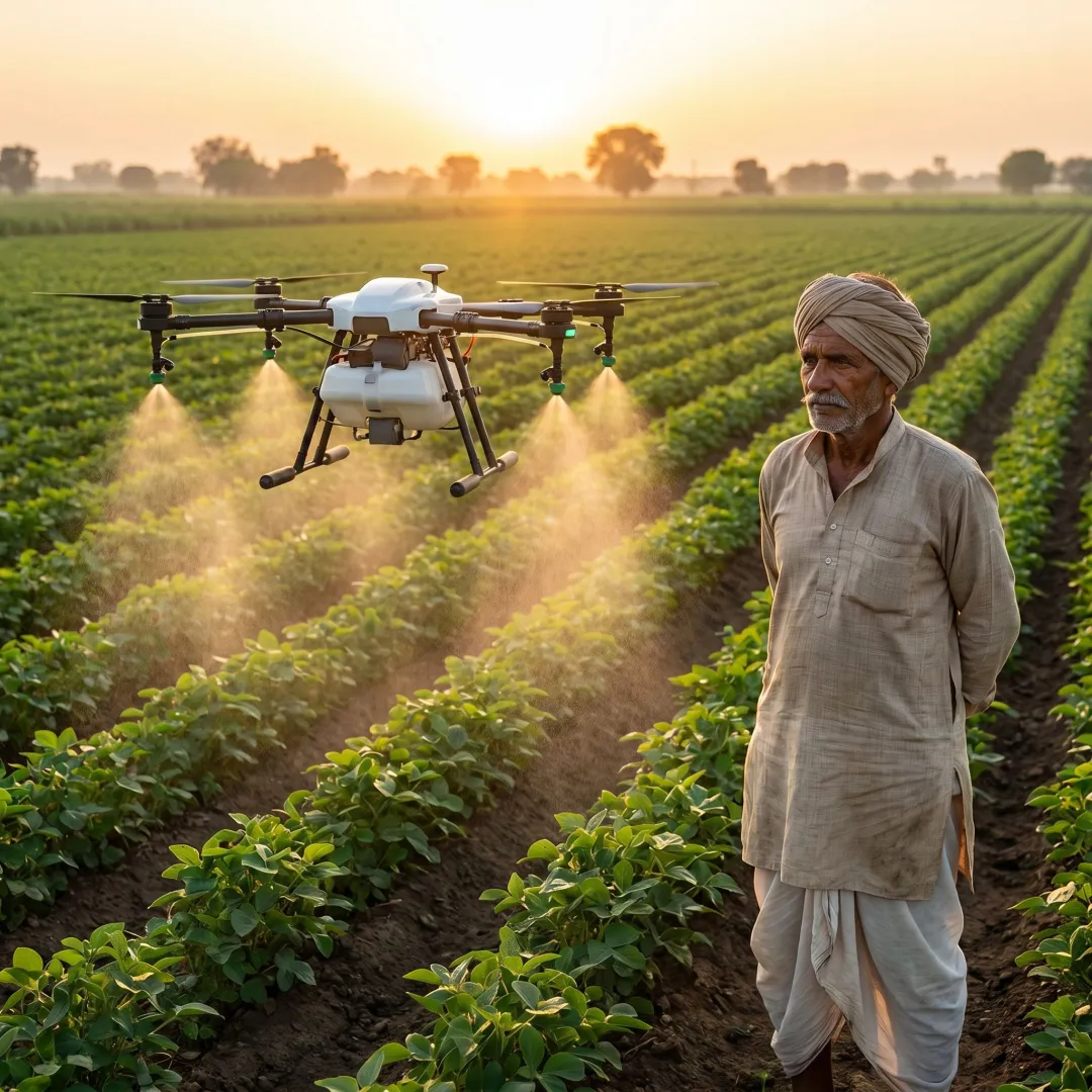 Agriculture drone spraying crops in India