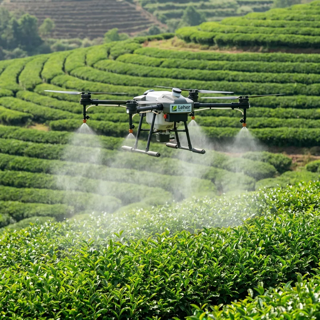 Drone applying foliar fertilizer over crops