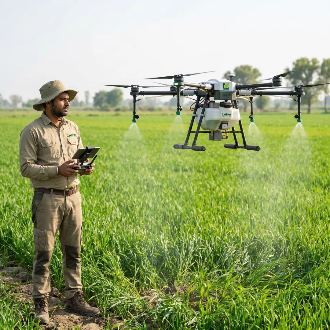 Farmer reviewing drone foliar spray on crop field