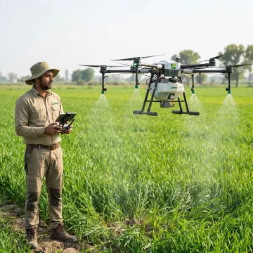 Farmer reviewing drone foliar spray on crop field