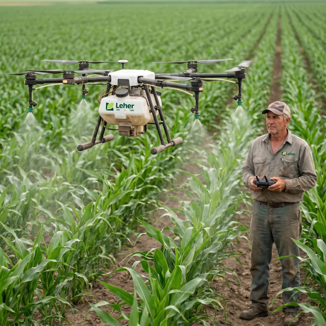 Agricultural drone applying fertilizer over a crop field